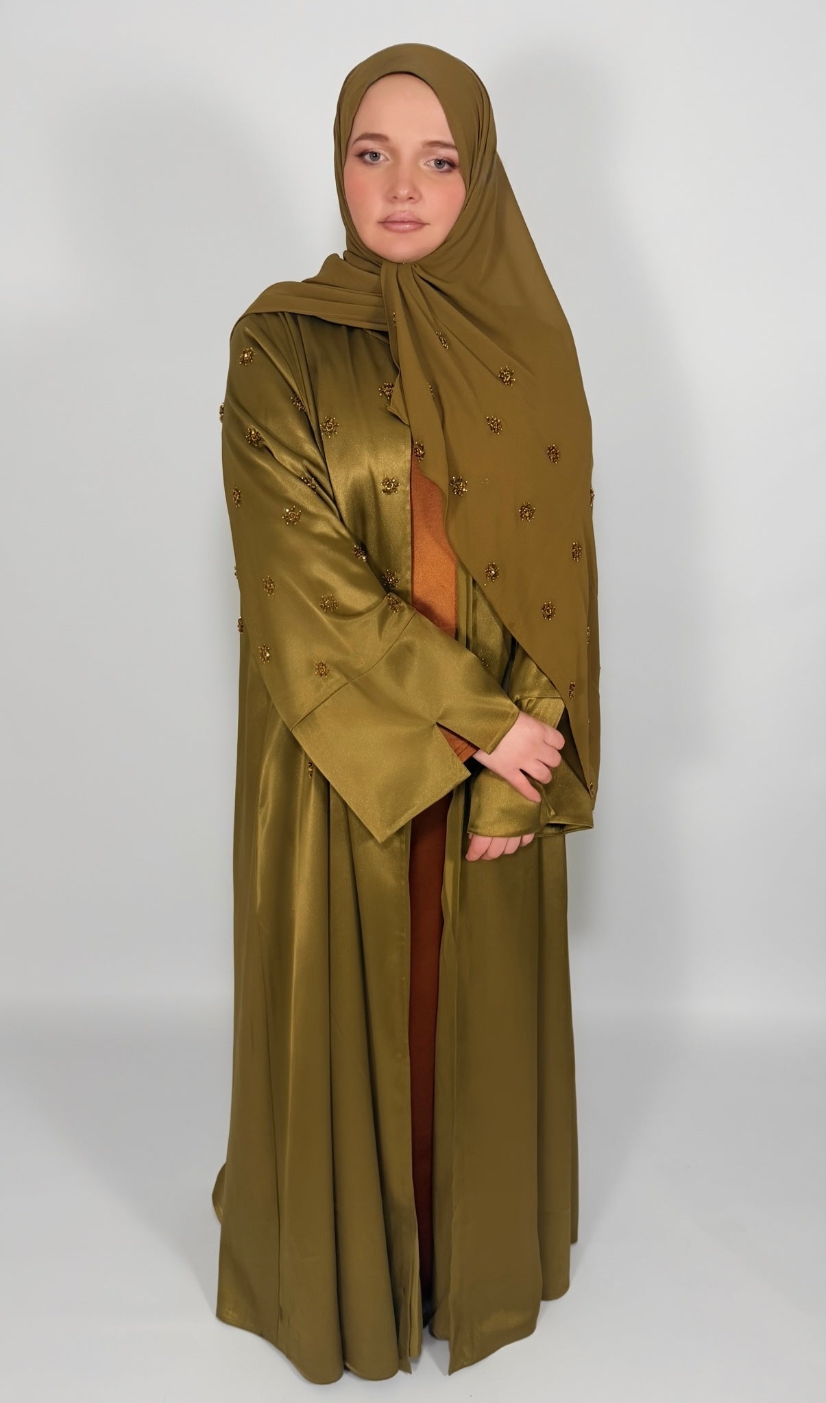 PREMIUM HAND-EMBELLISHED OLIVE DRAPE OPEN ABAYA