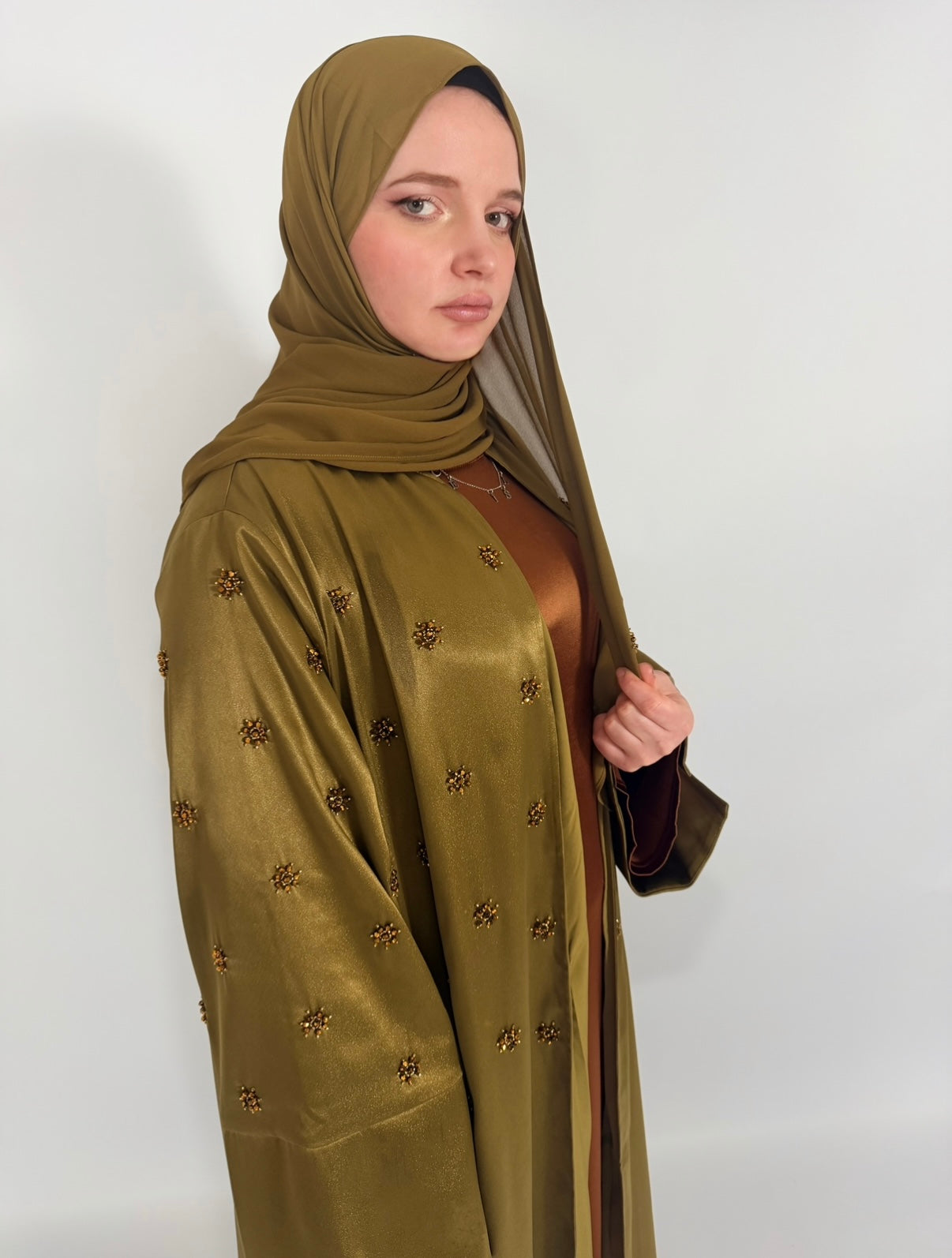 PREMIUM HAND-EMBELLISHED OLIVE DRAPE OPEN ABAYA
