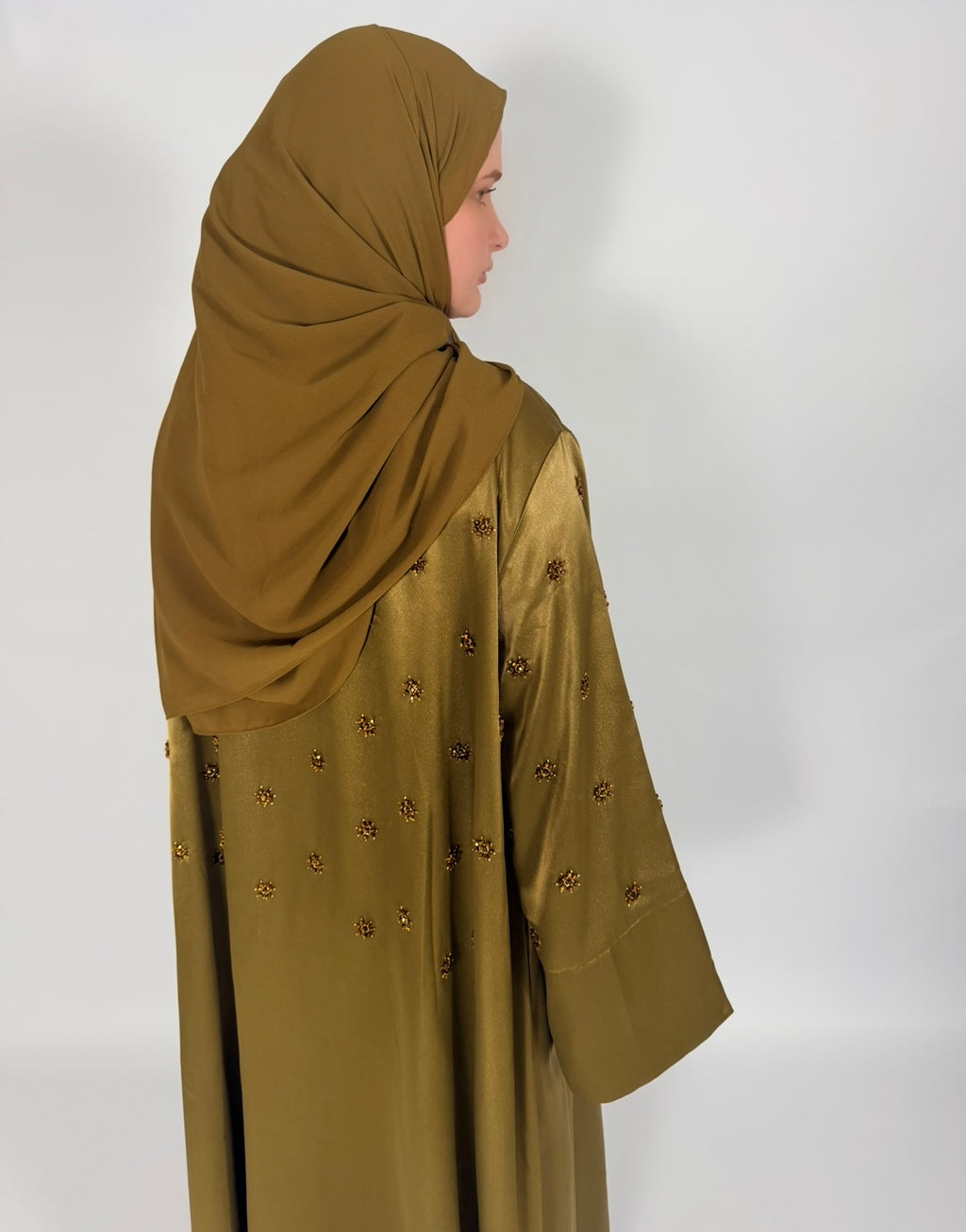 PREMIUM HAND-EMBELLISHED OLIVE DRAPE OPEN ABAYA