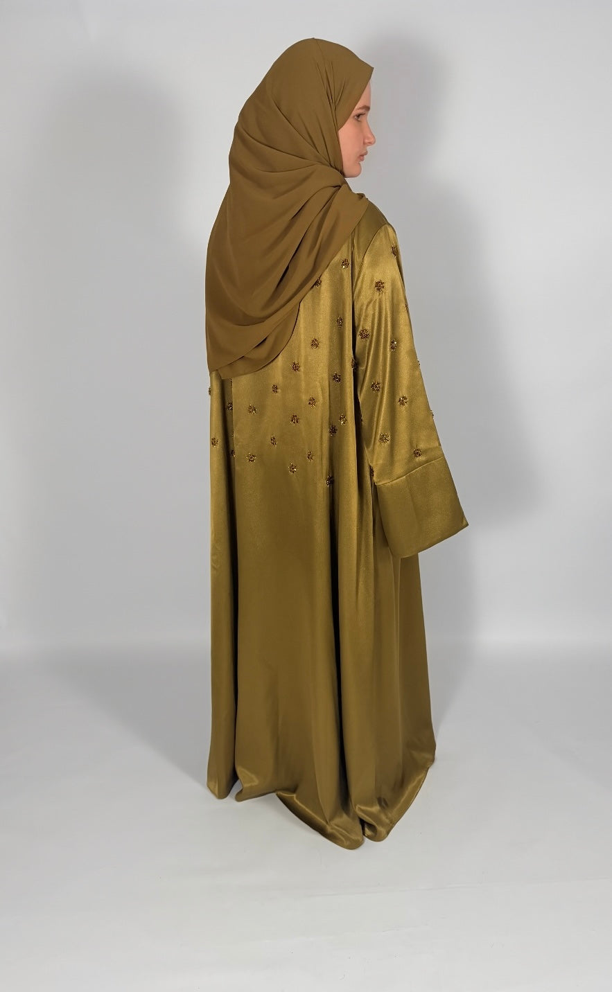 PREMIUM HAND-EMBELLISHED OLIVE DRAPE OPEN ABAYA