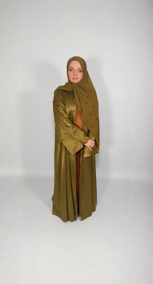 PREMIUM HAND-EMBELLISHED OLIVE DRAPE OPEN ABAYA